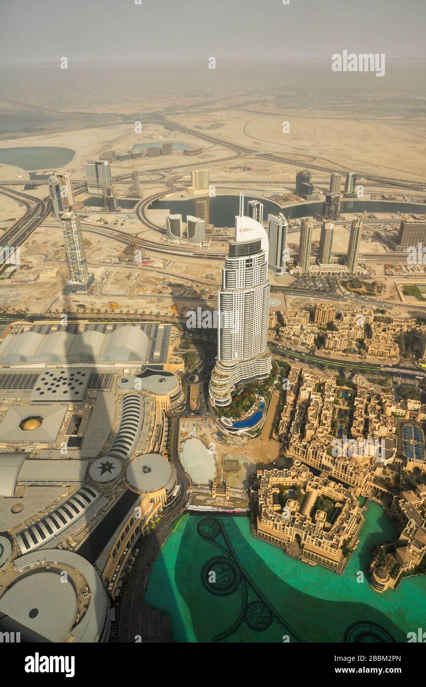 Emaar building and downtown, View from Burj Khalifa, Dubai, United Arab Emirates, Middle East. Stock Photo
