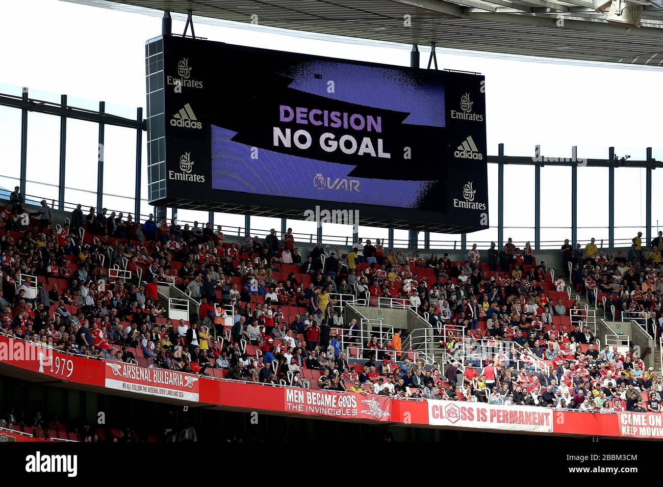 The big screen shows the VAR confirming that Arsenal's Reiss Nelson's ...