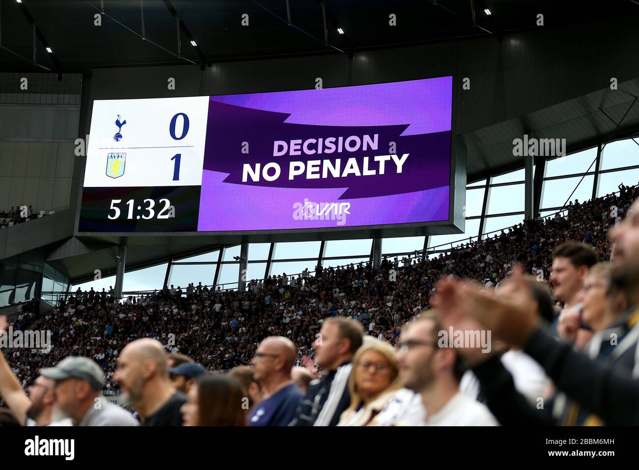 The big screen shows a VAR decision for no penalty after Aston Villa's ...