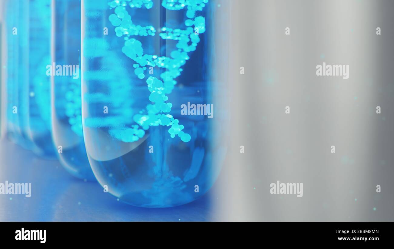 DNA molecule, its structure. Concept human genome. DNA molecule with modified genes. Conceptual illustration of a dna molecule inside a glass test Stock Photo