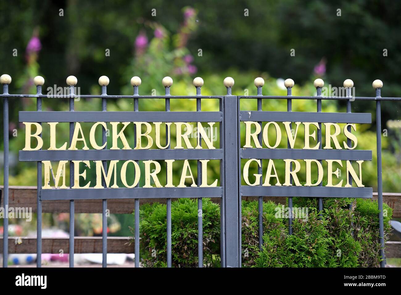 A detail view the Blackburn Rovers Memorial Garden sign Stock Photo