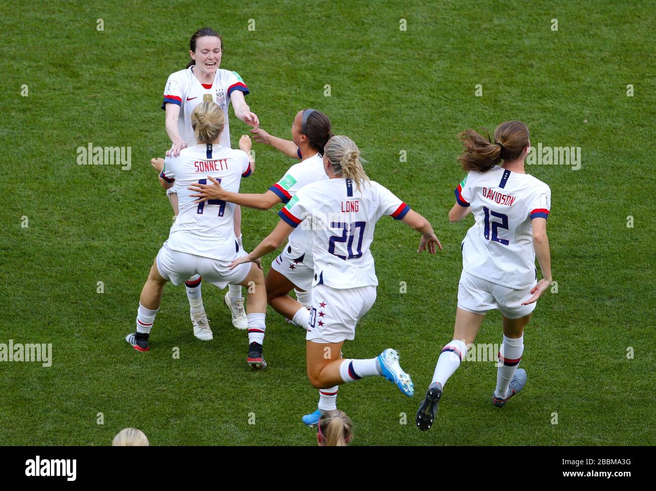 USA's Lindsey Horan (left) and USA's Rose Lavelle celebrate on the pitch  after winning the FIFA Women's World Cup 2019 Stock Photo - Alamy