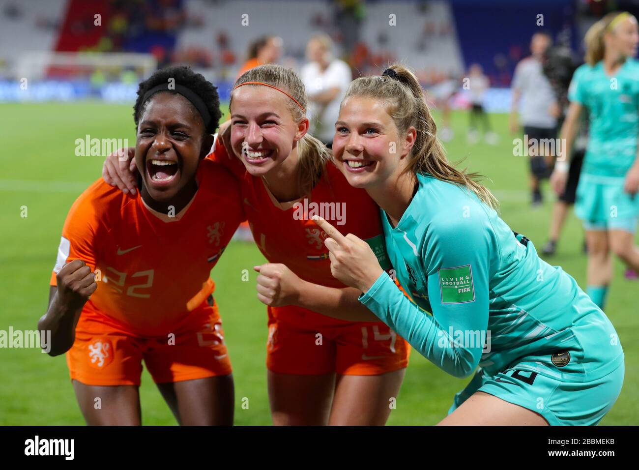 Netherlands' Liza van der Most, Jackie Groenen and Lize Kop celebrate after the final whistle Stock Photo