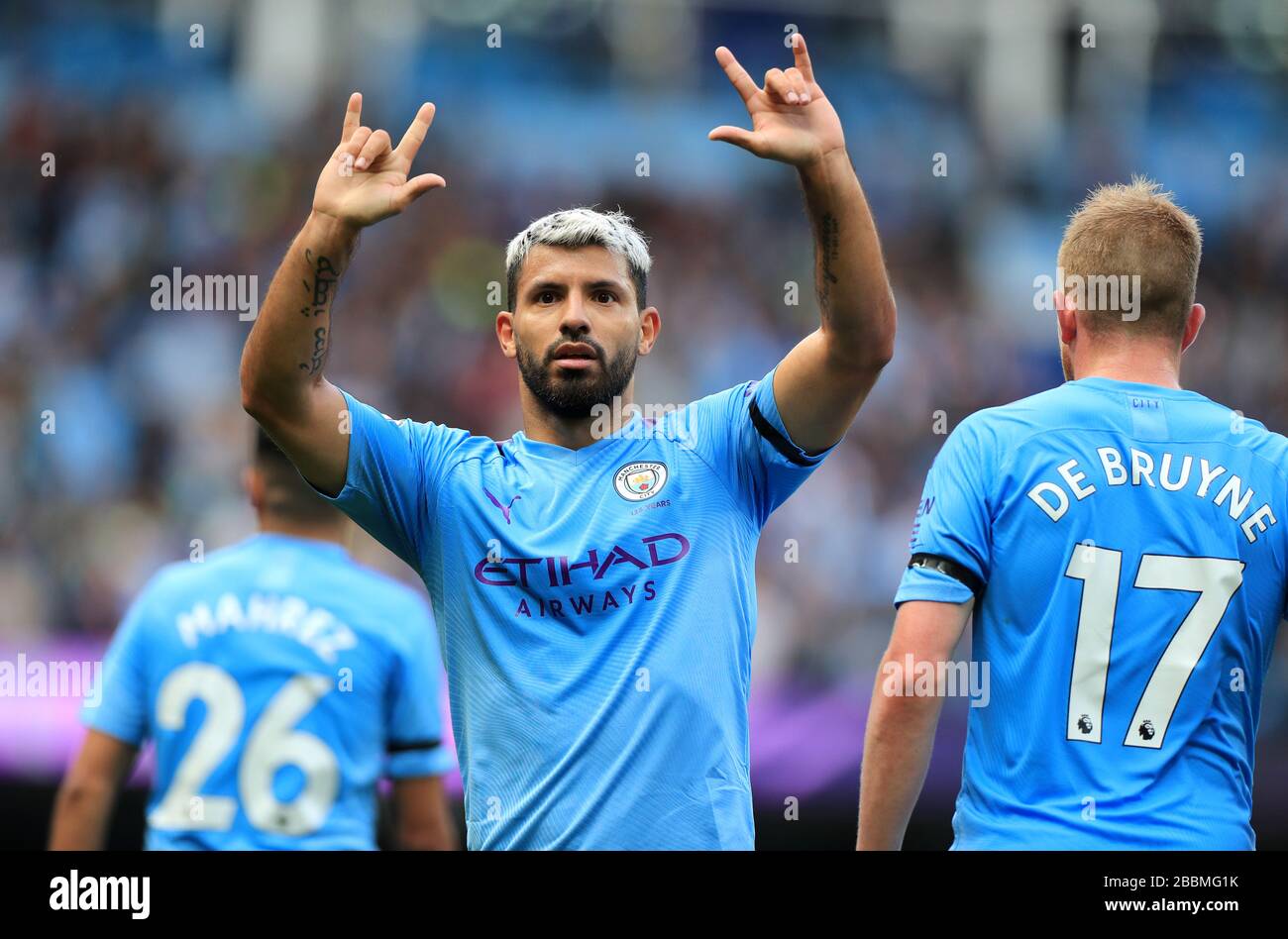 Manchester City S Sergio Aguero Celebrates Scoring His Side S Second Goal Of The Game Stock Photo Alamy