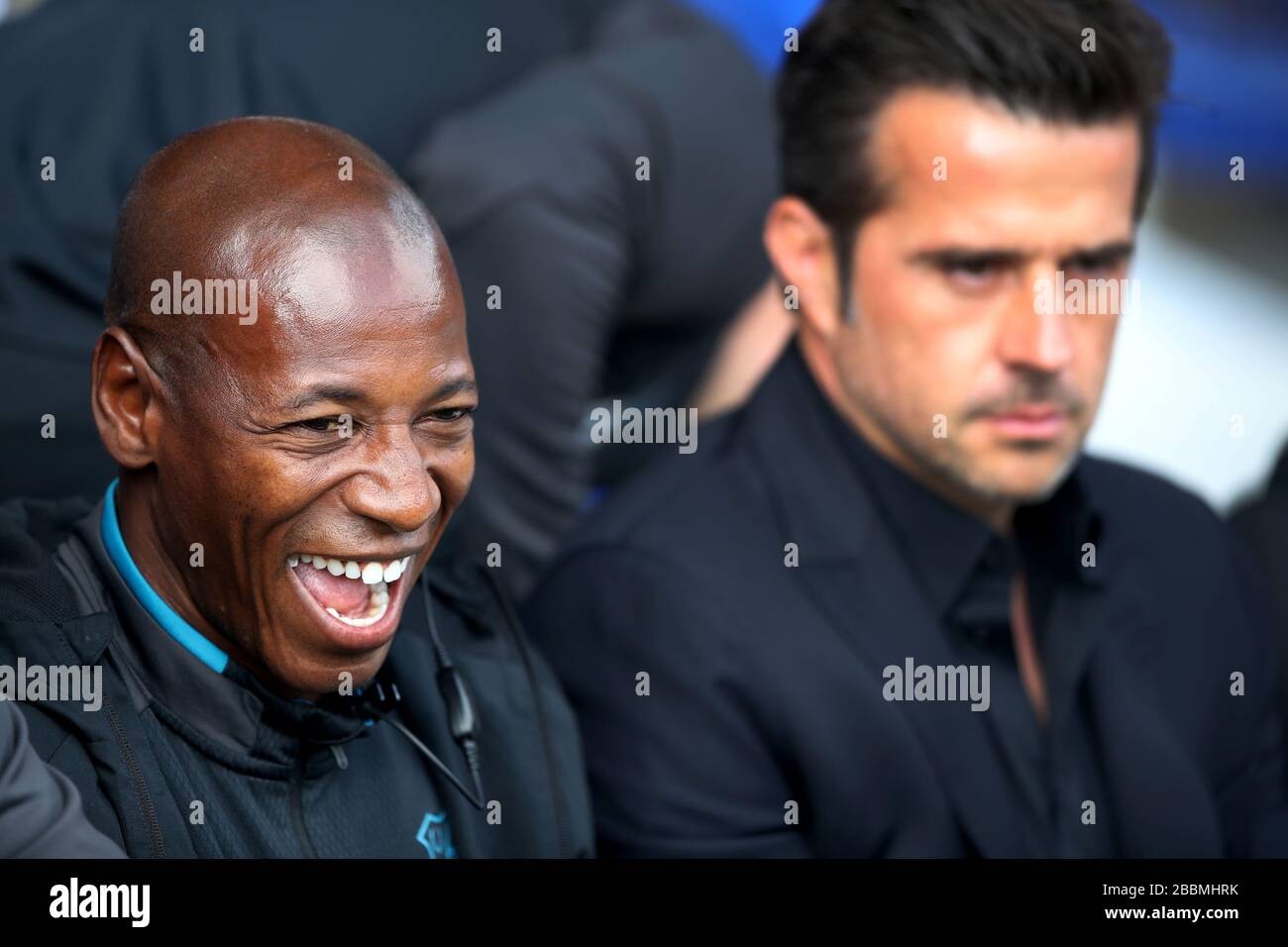 Everton coach Luis Boa Morte with Everton manager Marco Silva prior to match Stock Photo