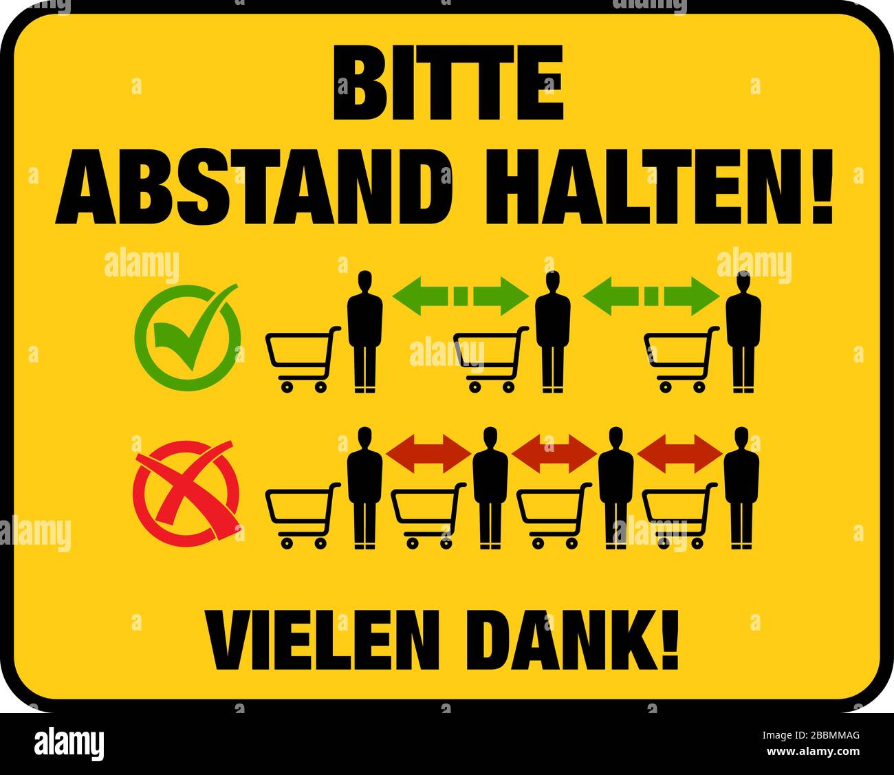 sign for supermarkets and stores saying PLEASE KEEP YOUR DISTANCE, THANK YOU in German language, keeping distance during covid-19 coronavirus pandemic Stock Vector