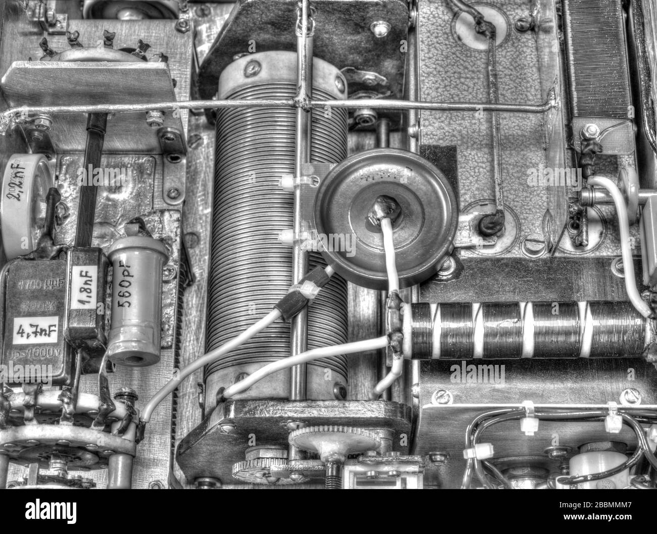 Inside view of high frequency power amplifier with capacitors, coils