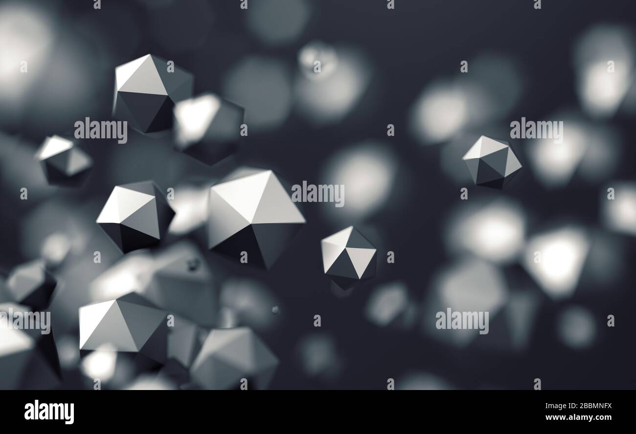 Abstract 3d rendering of chaotic low poly particles. Flying polygonal spheres in empty space. Futuristic background with bokeh effect. Poster design. Stock Photo