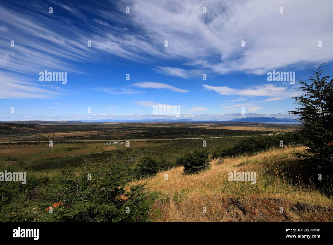 View of the Patagonian Steppe from Mirador Cerro Dorotea, Puerto Natales city Patagonia, Chile, South America An easy half day hike to a rocky outcrop Stock Photo