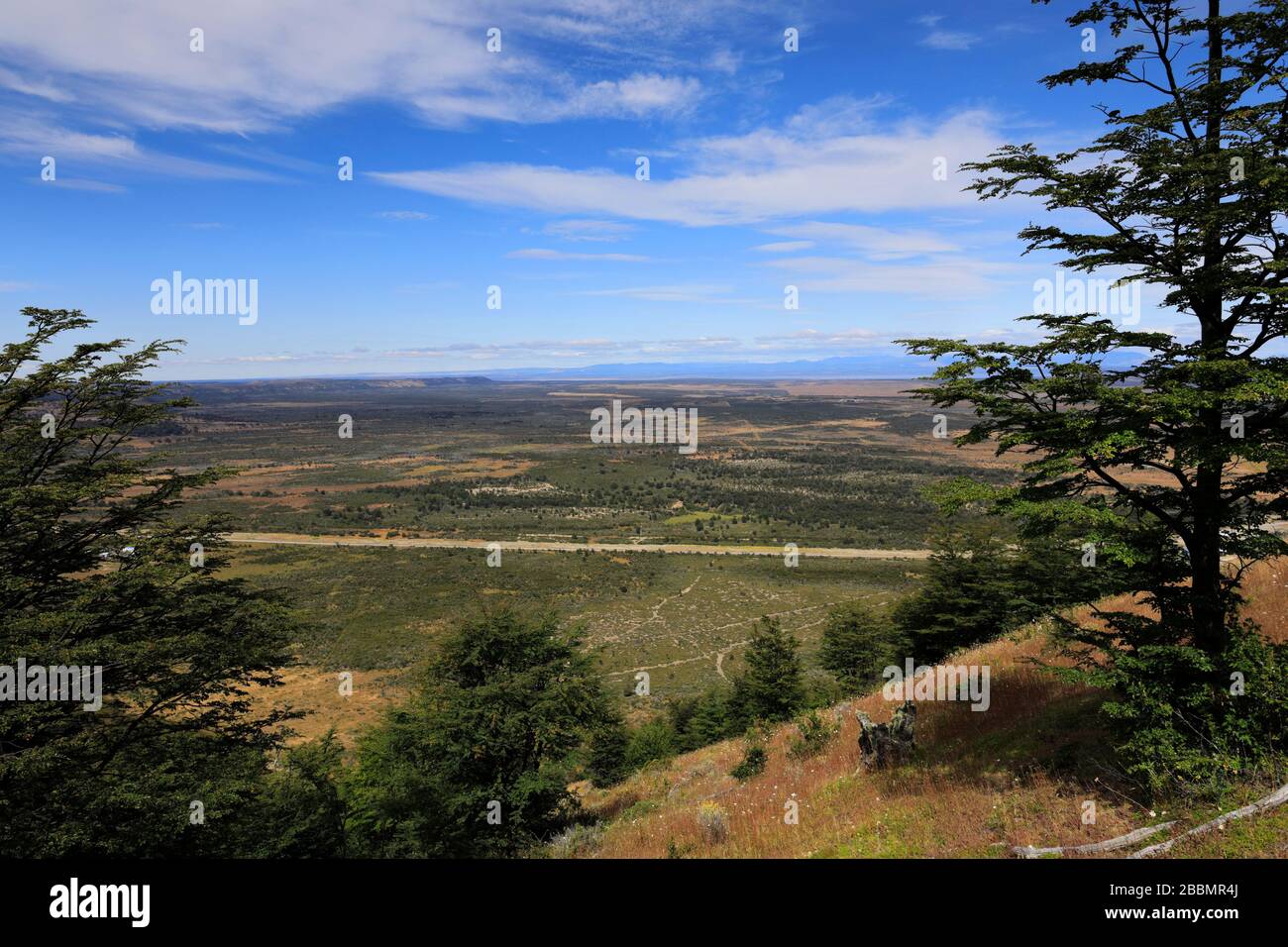 View over Mirador Cerro Dorotea, Puerto Natales city Patagonia, Chile, South America An easy half day hike to a rocky outcrop overlooking Puerto Natal Stock Photo