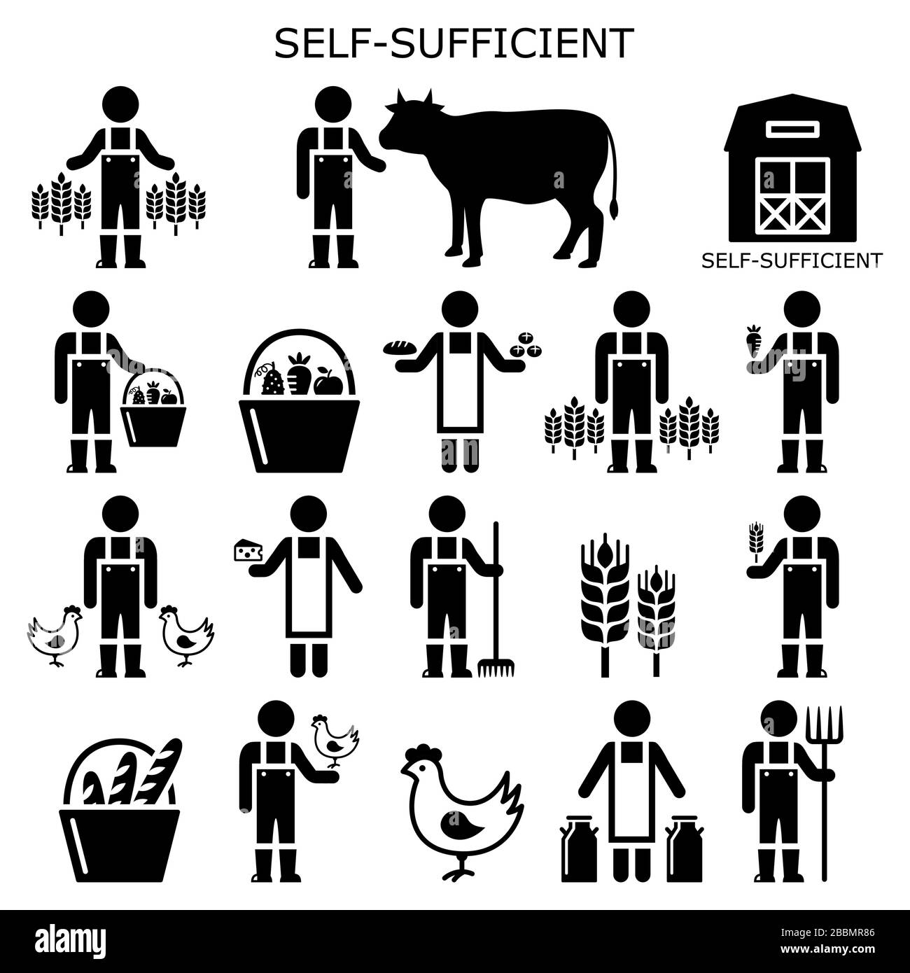 Self-sufficient farmer icons set, self sufficiency production of food concept, man that grow his own food Stock Vector
