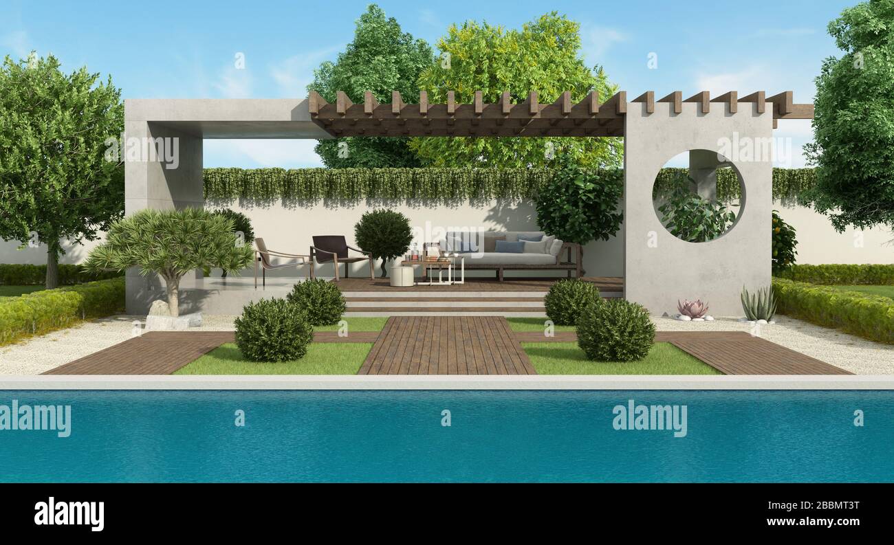 Luxury garden with concrete gazebo, outdoor furniture and large swimming pool-3d rendering Stock Photo
