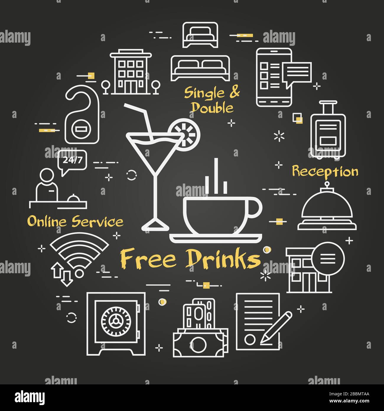 Vector black hotel service square concept - Free Drinks Stock Vector