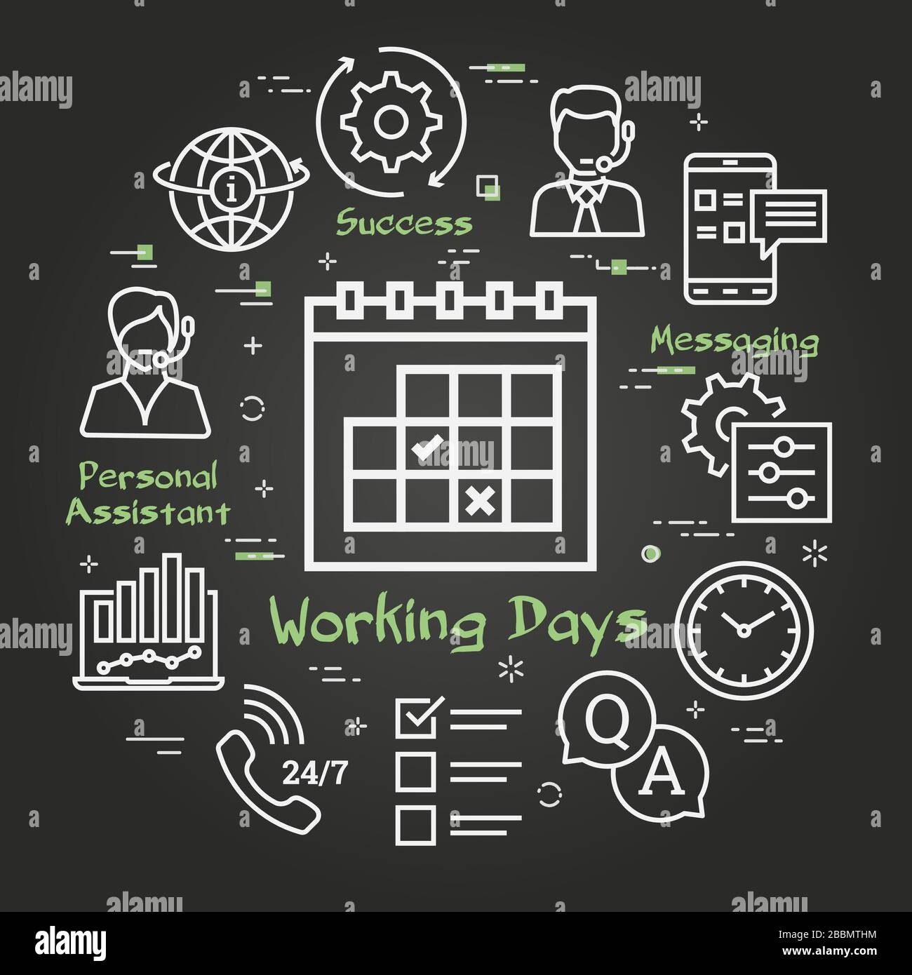 Vector black concept of online support calendar with working days