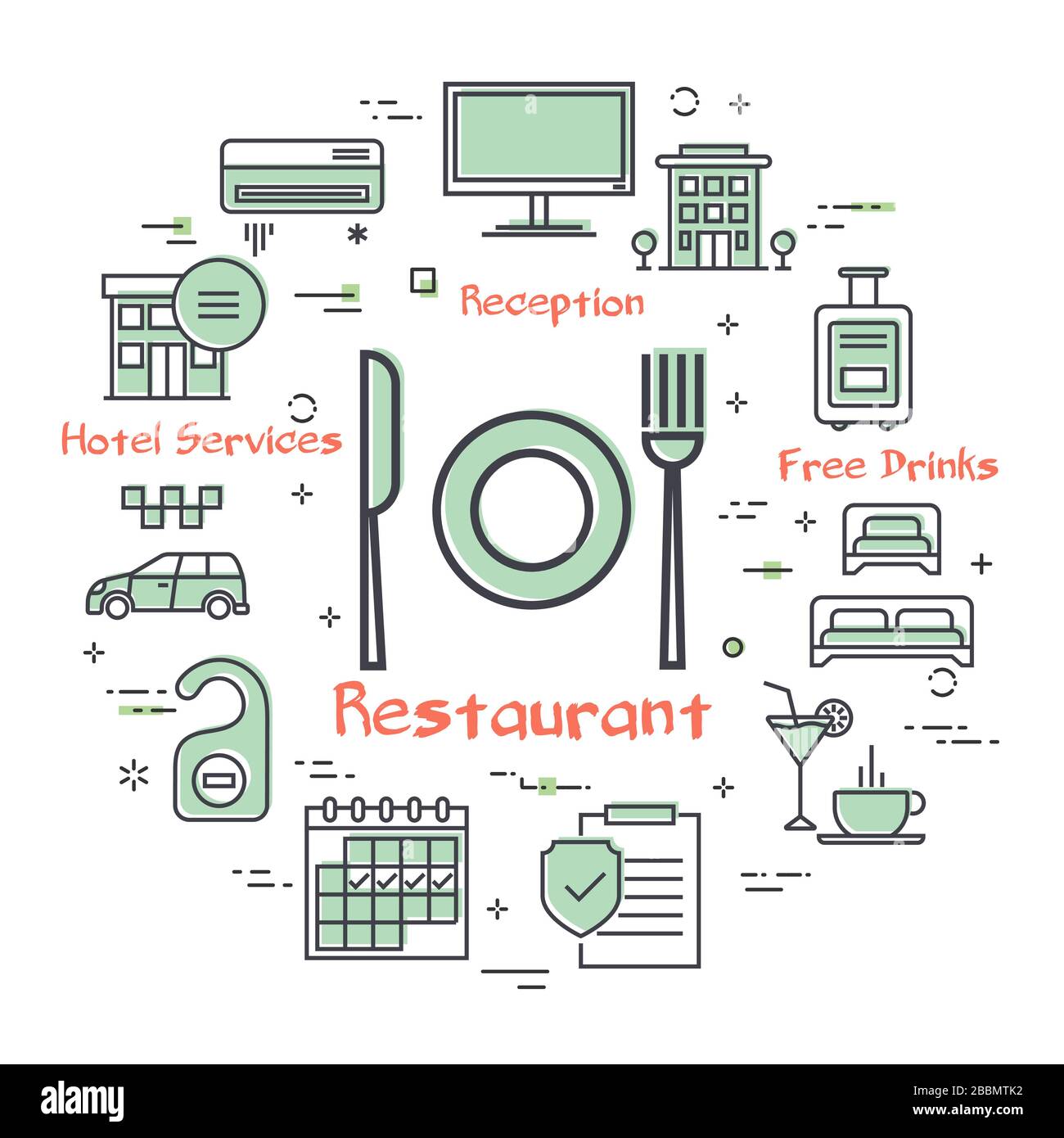 Vector hotel service square concept - restaurant in the hotel Stock Vector