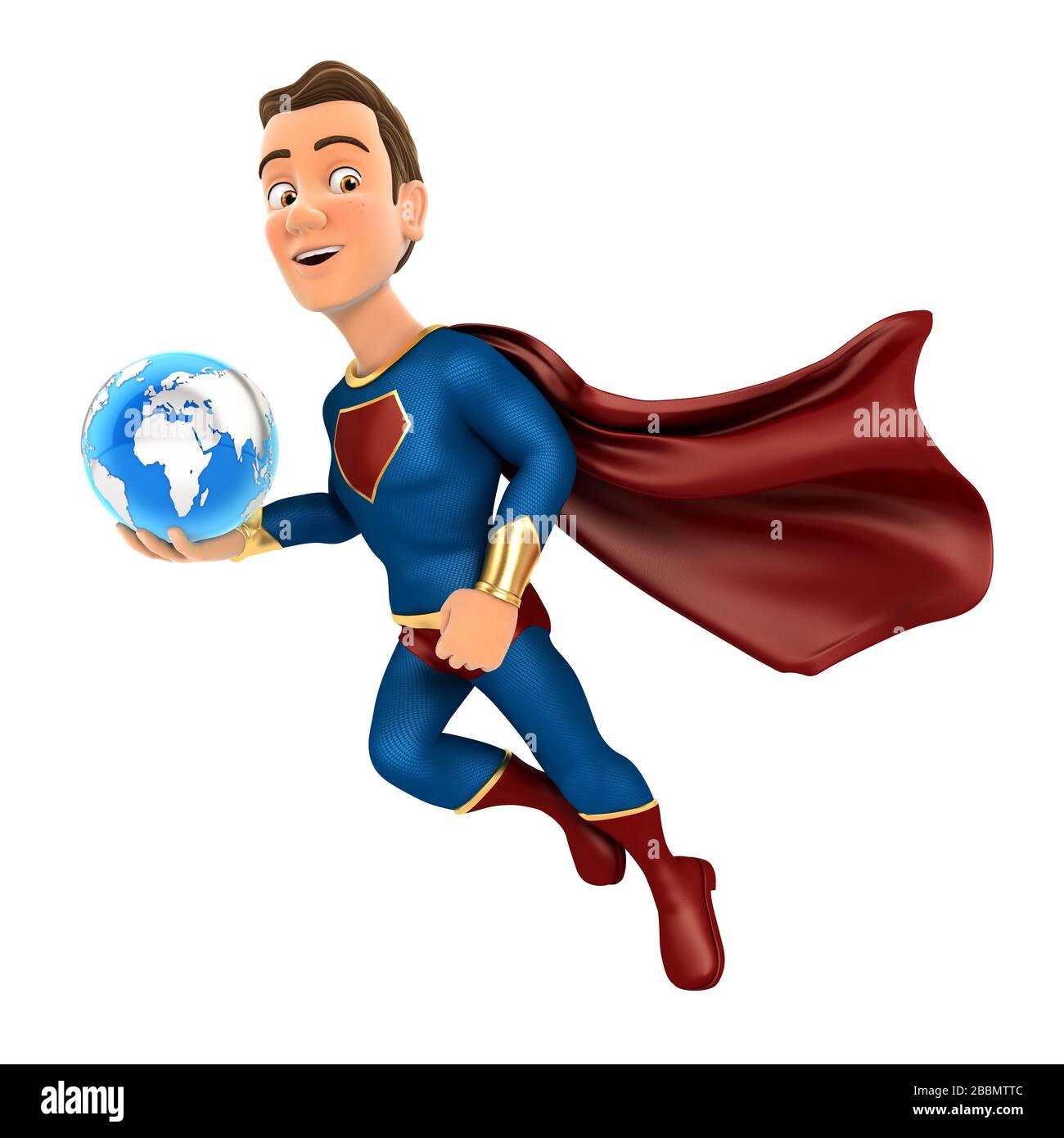 3d superhero flying and holding blue earth, illustration with isolated white background Stock Photo