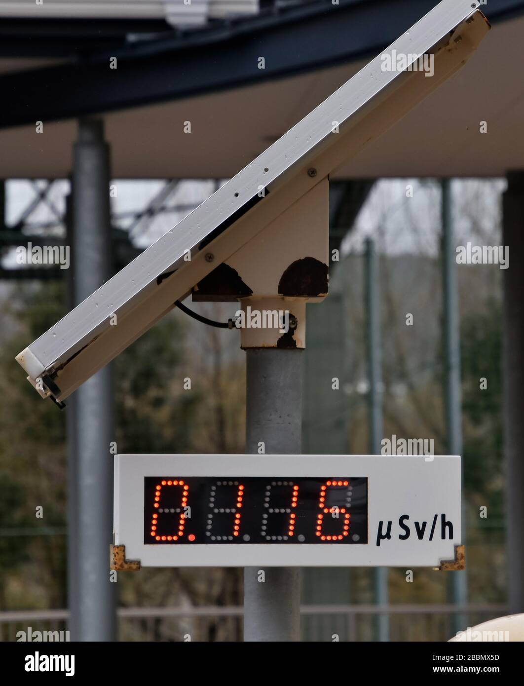 Naraha, Japan. 01st Apr, 2020. A radiation dosimeter is seen sitting outside of the National Training Centre J-Village in Naraha-town, Fukushima Prefecture, Japan on Wednesday, April 1, 2020. J-Village was used base for responding Fukushima Daiichi nuclear Power Plant accidents from March 15, 2011 to June 30, 2013. Photo by Keizo Mori/UPI Credit: UPI/Alamy Live News Stock Photo