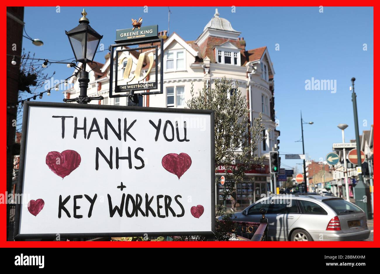 PABEST A sign thanking NHS staff and key workers is displayed outside The Westbourne pub in Bournemouth, as the UK continues in lockdown to help curb the spread of the coronavirus. PA Photo. Picture date: Wednesday April 1, 2020. Tuesday saw the UK's biggest day-on-day rise in the number of deaths since the outbreak began - up 381 to a total of 1,789. See PA story HEALTH Coronavirus. Photo credit should read: Andrew Matthews/PA Wire Stock Photo