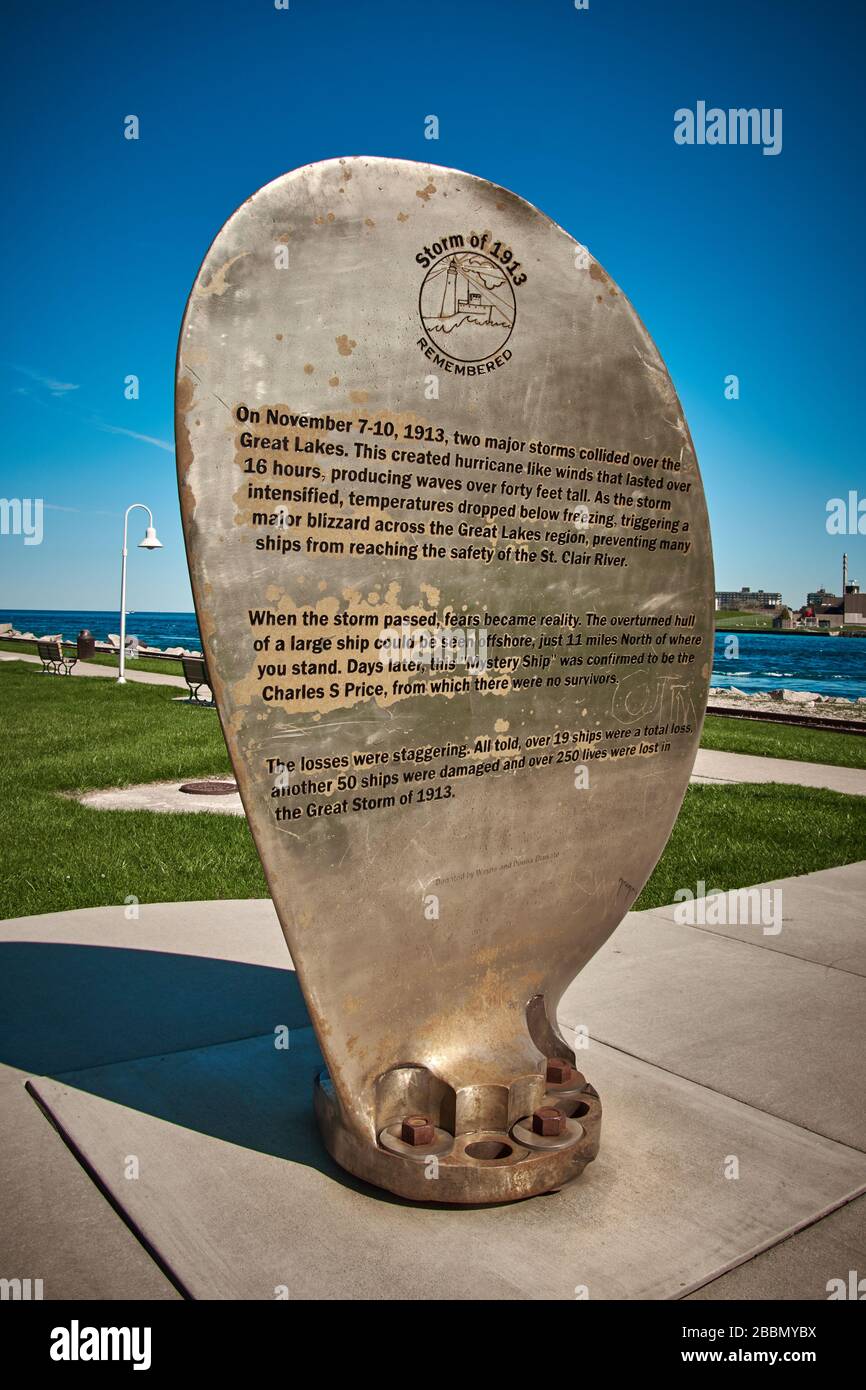 Engraved ship propeller in Port Huron, Michigan as a memorial to the 1913 storm and shipwrecks on Lake Huron. Stock Photo