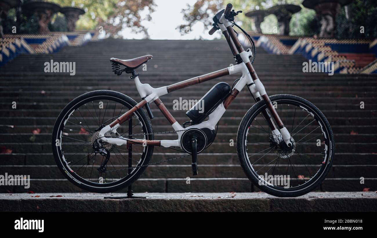 Bamboo bikes in different spots in Barcelona Stock Photo