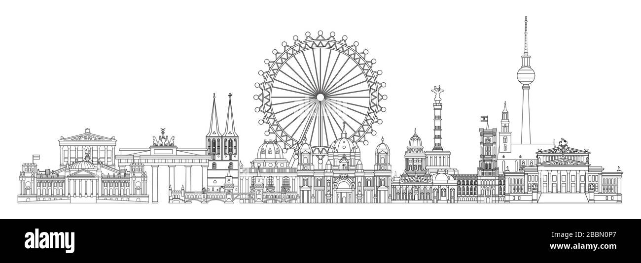 Horizontal vector line art illustration of landmarks of Berlin, Germany. Berlin skyline vector illustration in black color isolated on white. Moscow v Stock Vector