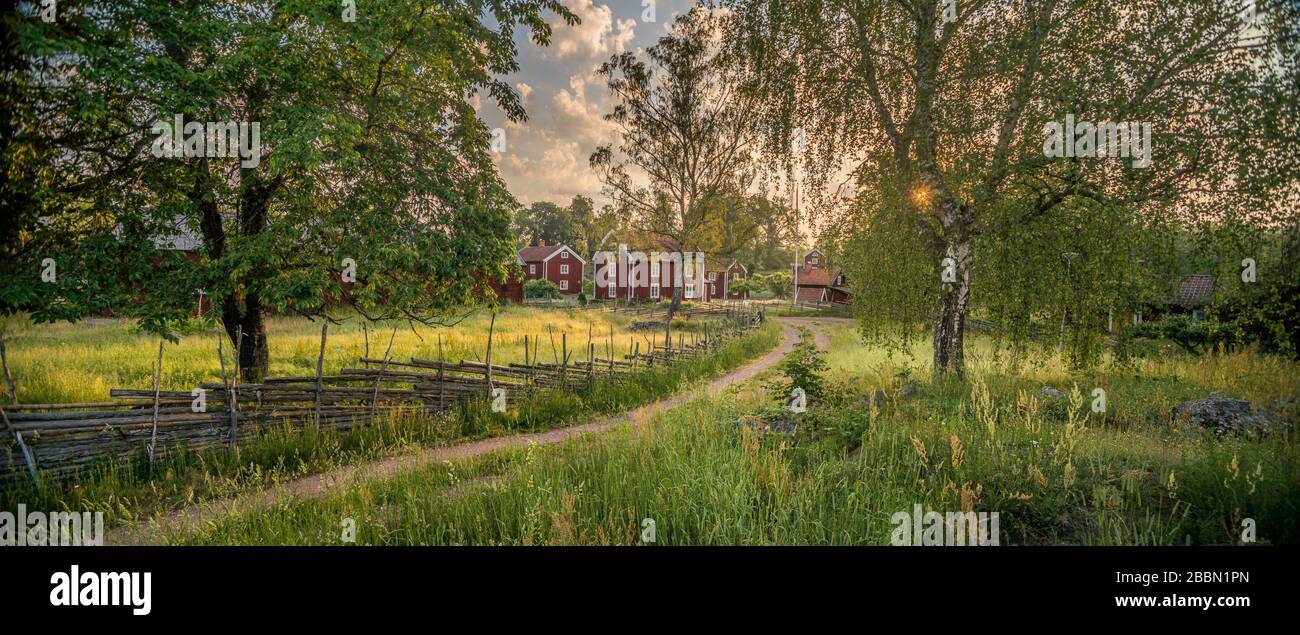 Small country road and old traditional red cottages in a rural landscape at the village Stensjo by. Oskarshamn, Smaland, Sweden, Scandinavia Stock Photo