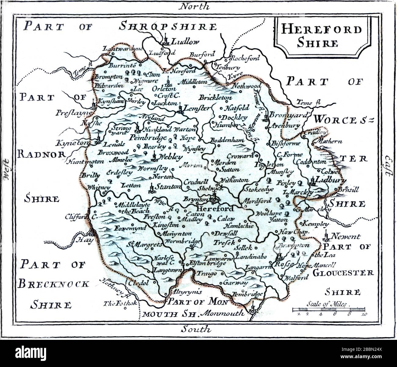 An old coloured map of Herefordshire scanned at high resolution from a