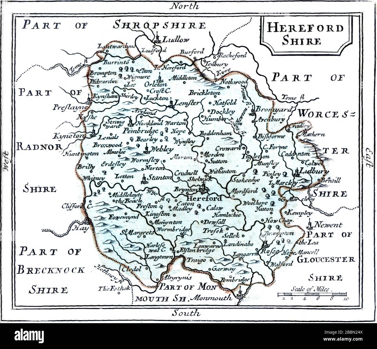 An old coloured map of Herefordshire scanned at high resolution from a book published around 1786. This image is believed to be free of all copyright. Stock Photo
