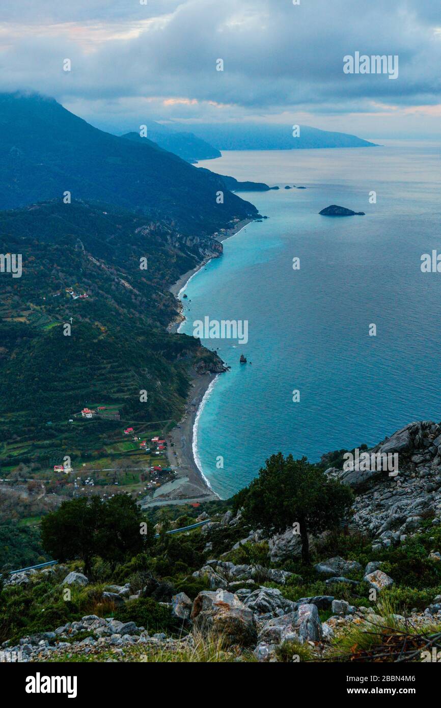 View of Evia island rocky coast in autumn. Beautiful top view of mountains  and the sea in a foggy weather in Evia island Stock Photo - Alamy