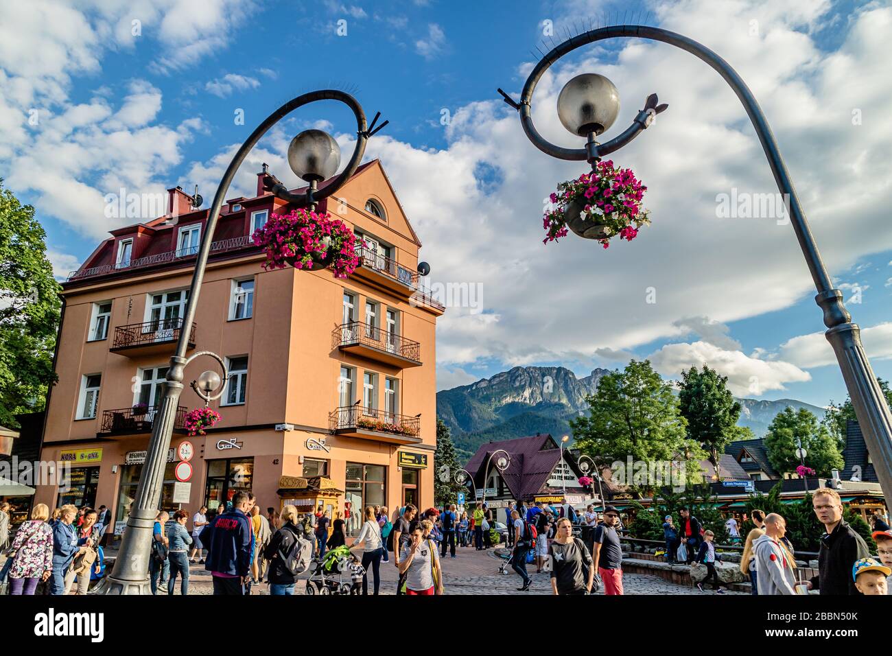 Krupówki, a popular tourist shopping street in the town centre of Zakopane in the Polish Tatra mountains. Zakopane, Poland. July 2017. Stock Photo