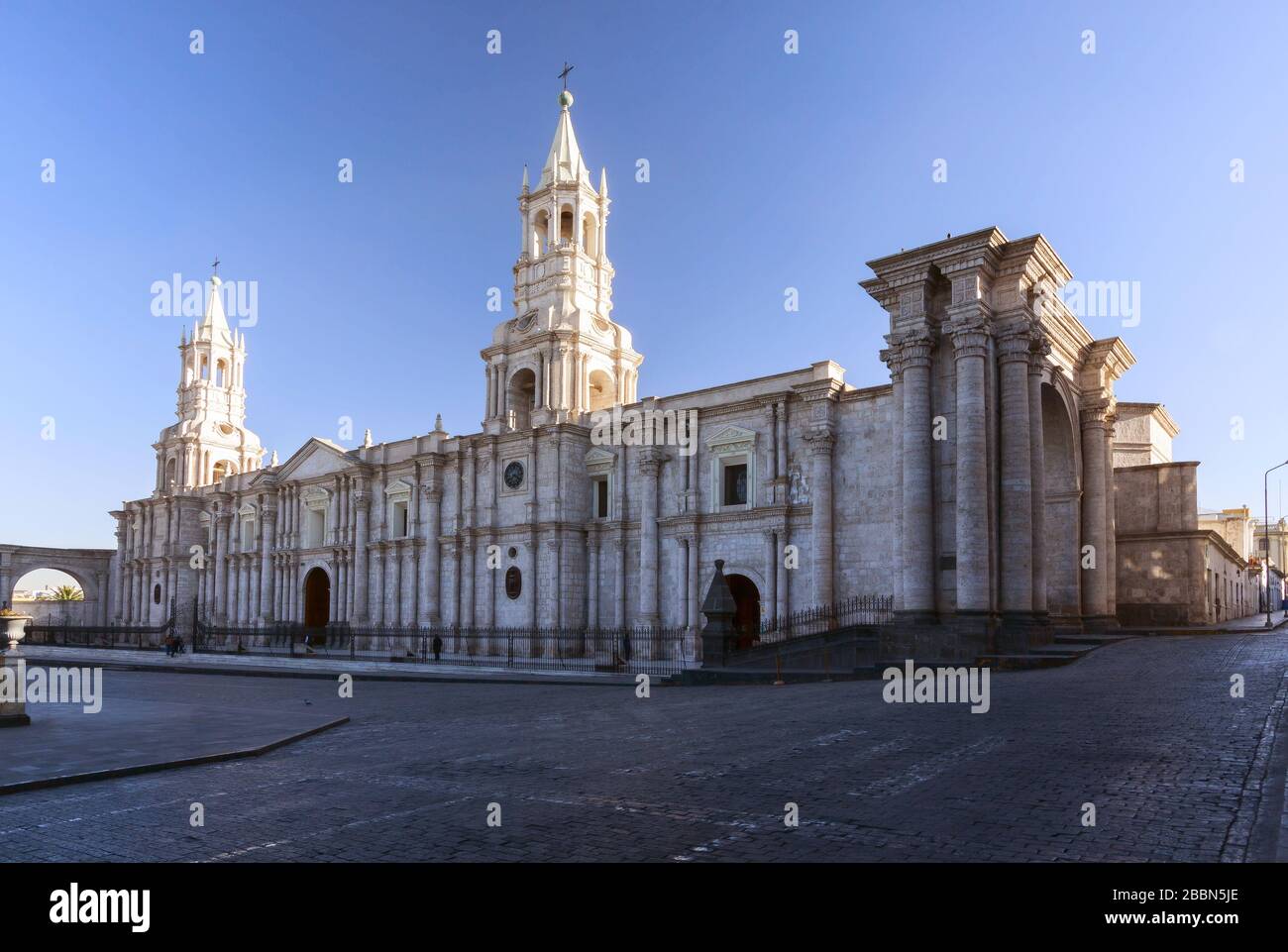 The Basilica Cathedral of Arequipa in the 'Plaza de Armas' of the city of Arequipa. Stock Photo