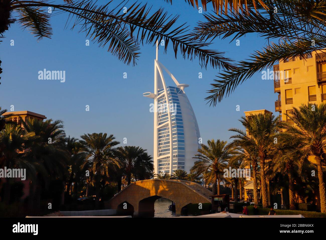 Burj Al Arab seen from the Souk Madinat Jumeirah shopping mall Stock Photo