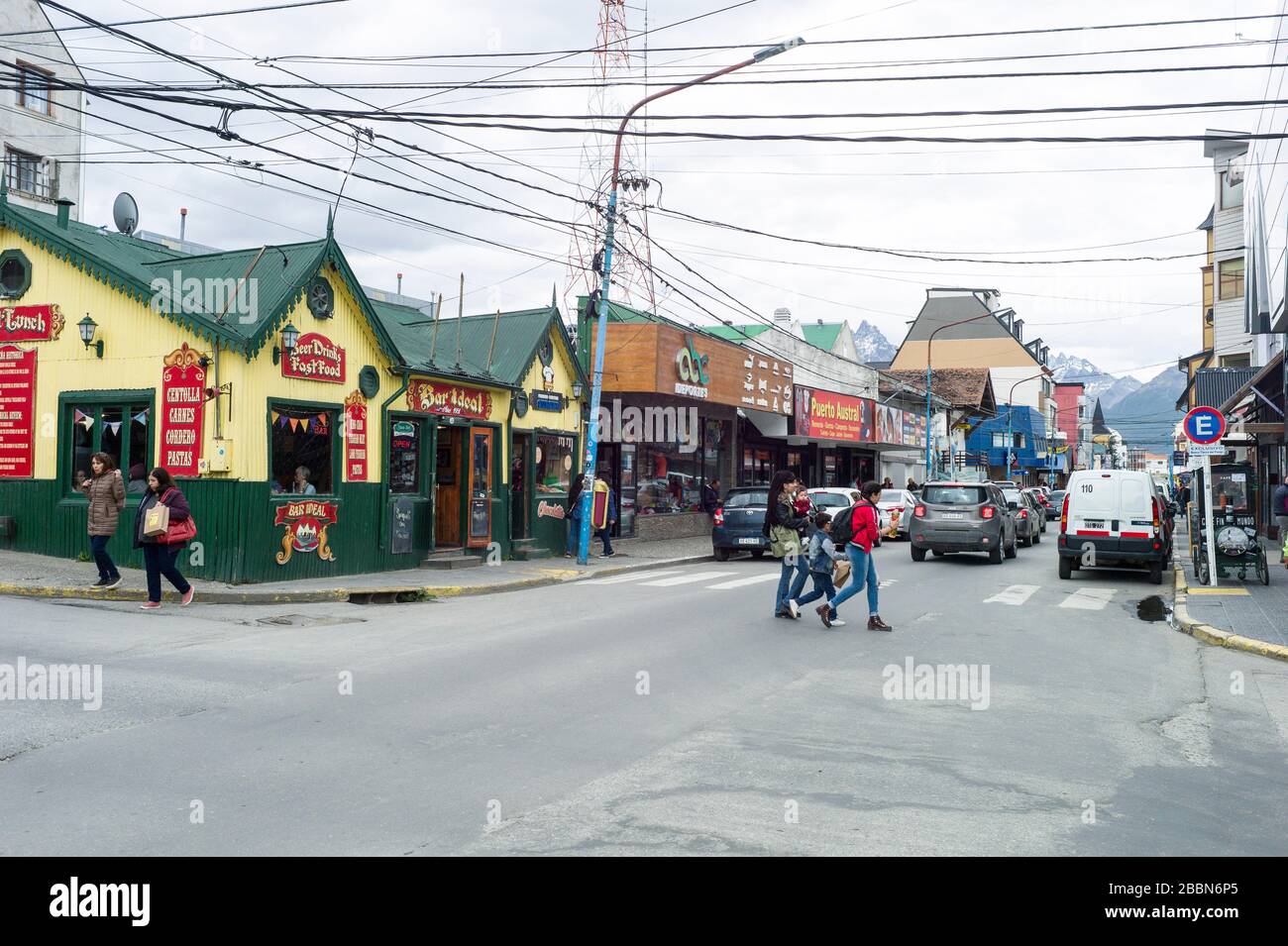 Tourist shops, cafes and restaurants on the main street in Ushuaia