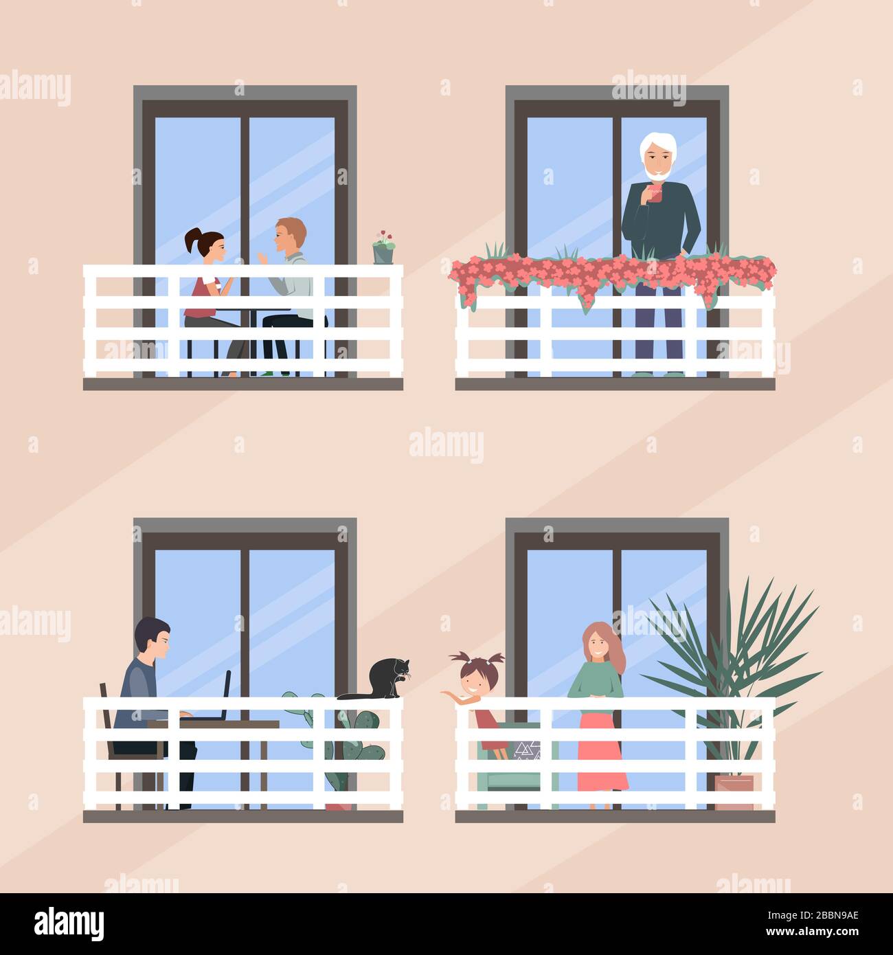 Windows with happy people doing daily things in their apartments - drinking tea, talking, playing or working. Covid quarantine, stay at home Stock Vector