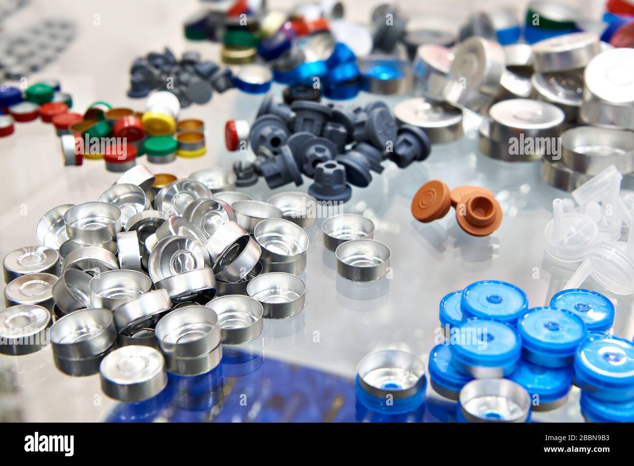 Caps for glass vials for liquid drugs Stock Photo