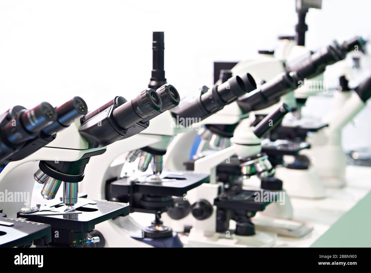 Optical microscopes in the store at the exhibition Stock Photo