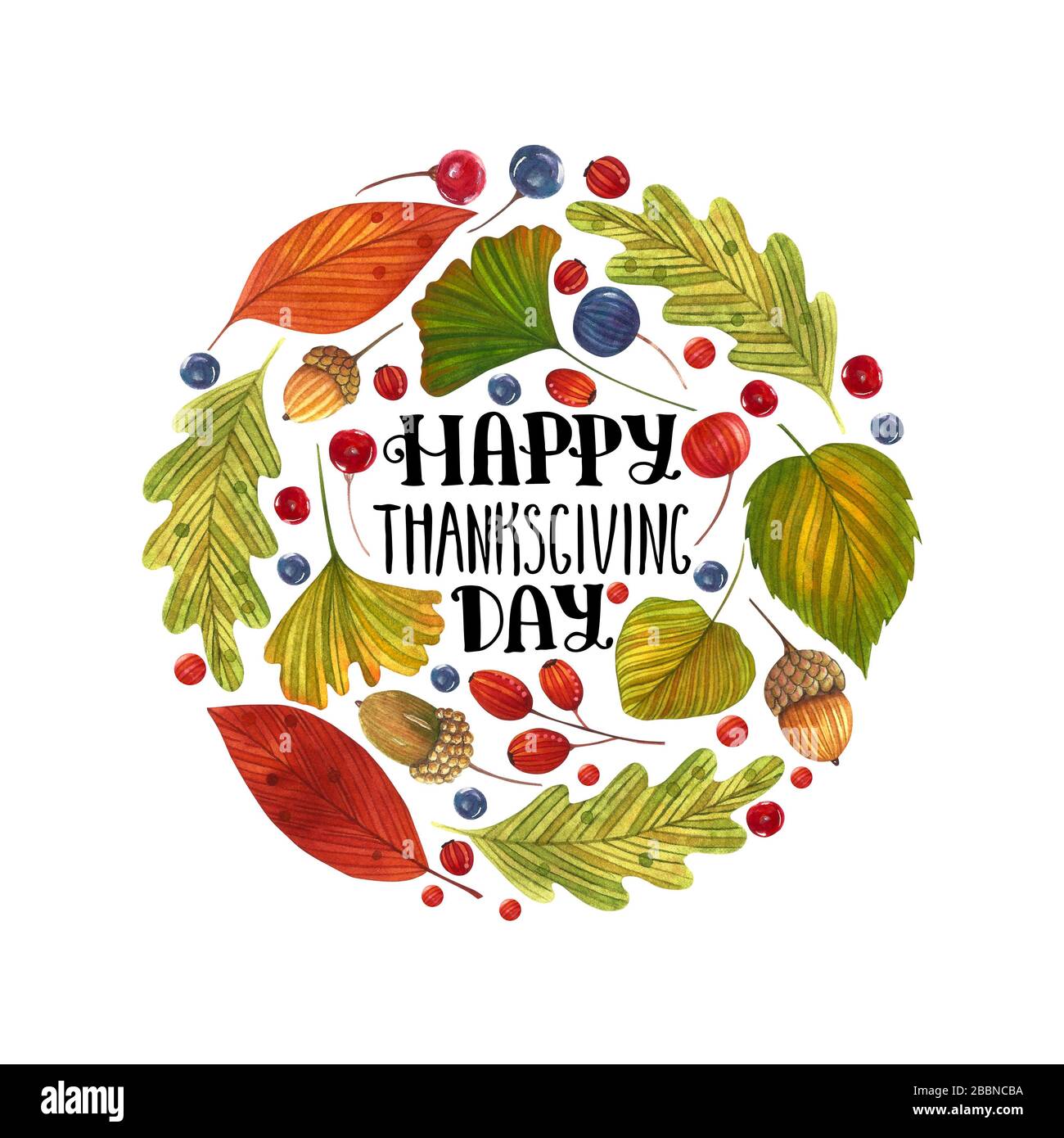 Autumn watercolor circle frame with colored leaves and lettering on the ...