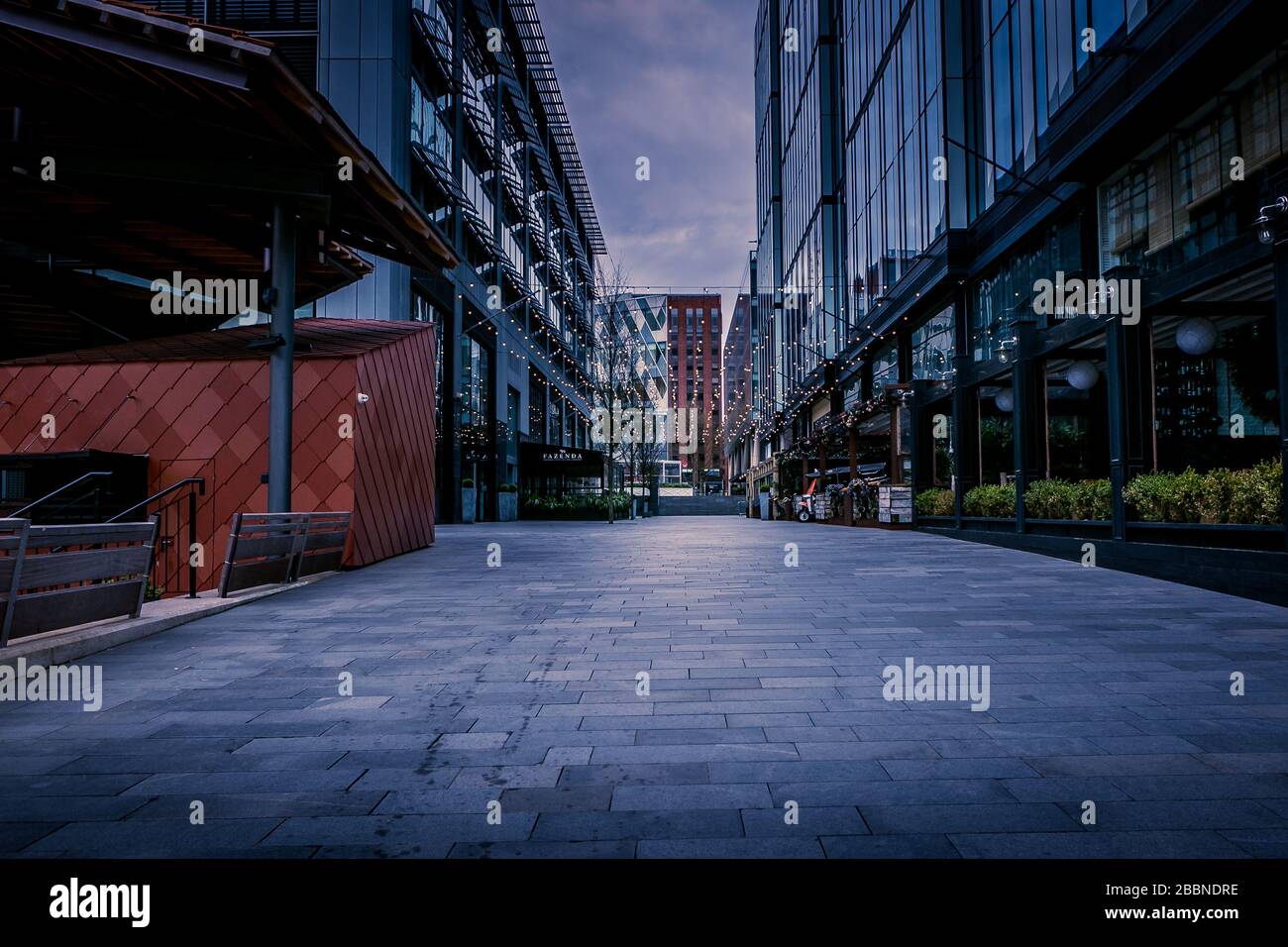 Spinningfields, Manchester, United Kingdom. Empty streets during the coronavirus outbreak, April 2020. Stock Photo