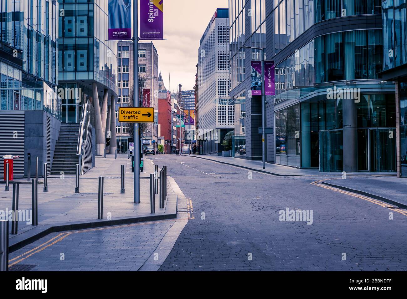 Spinningfields, Manchester, United Kingdom. Empty streets during the coronavirus outbreak, April 2020. Stock Photo