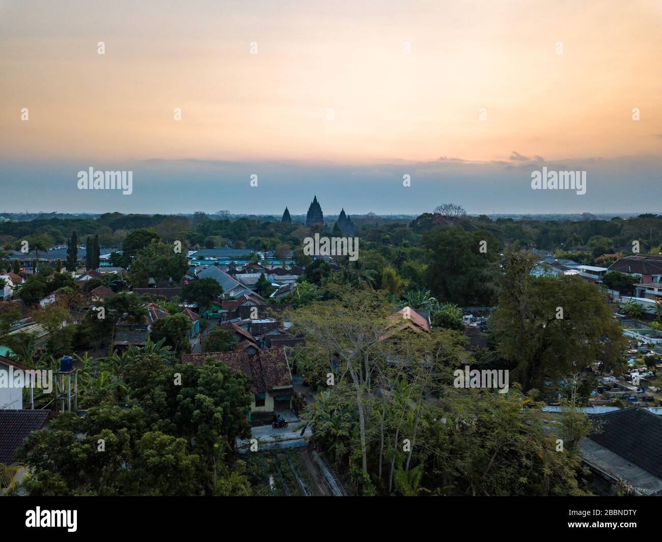 Prambanan Hindu temple drone birds eye view Stock Photo