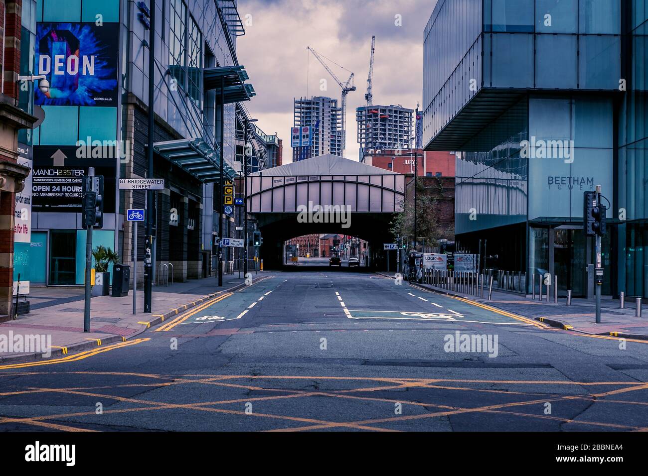 Deansgate, Manchester, United Kingdom. Empty streets during the coronavirus outbreak, April 2020. Stock Photo