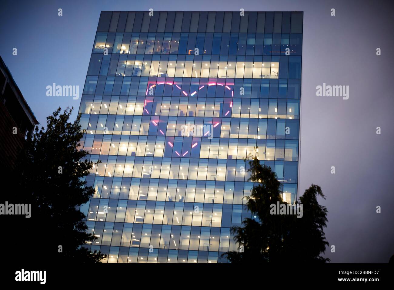 No. 1 Spinningfields,  Manchester's  with neon love heart  window display for valentines day 'With Love' installation Stock Photo