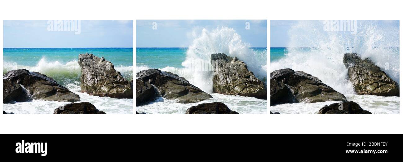 Calabria, Italy sea waves dynamic collage of three colour photographs at 192dpi. No people. Nature element. White frame. Stock Photo