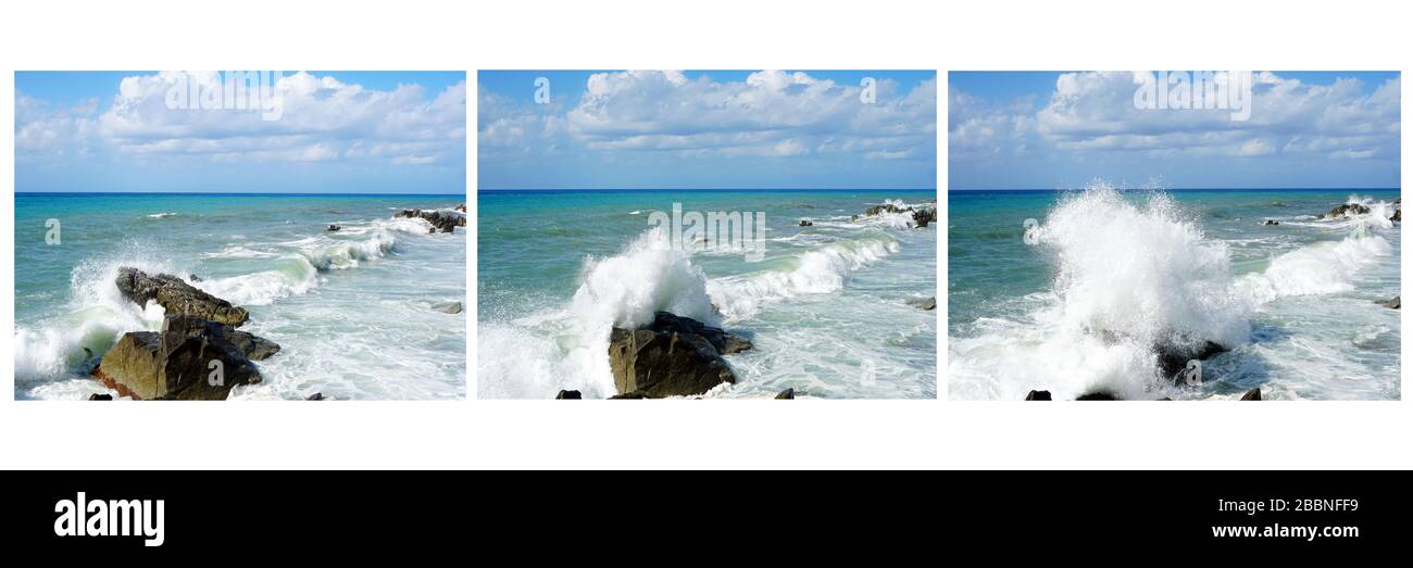 Calabria, Italy sea waves dynamic collage of three colour photographs at 192dpi. No people. Nature element. White frame. Stock Photo