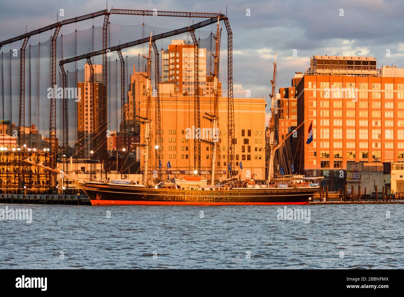Clipper sailing boat, Stad Amsterdam, moored on the Hudson River in New York Stock Photo
