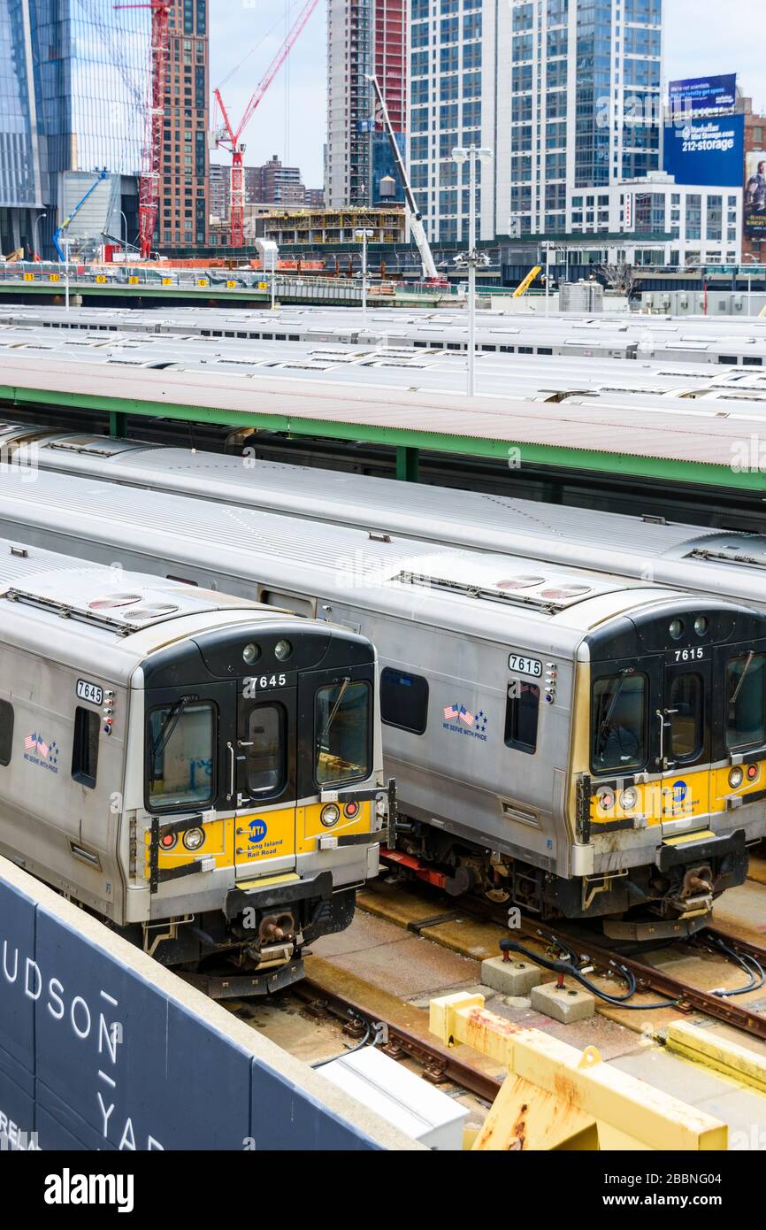 Long Island Railroad commuter trains waiting for their next service in the Hudson Yard sidings depot in New York Stock Photo