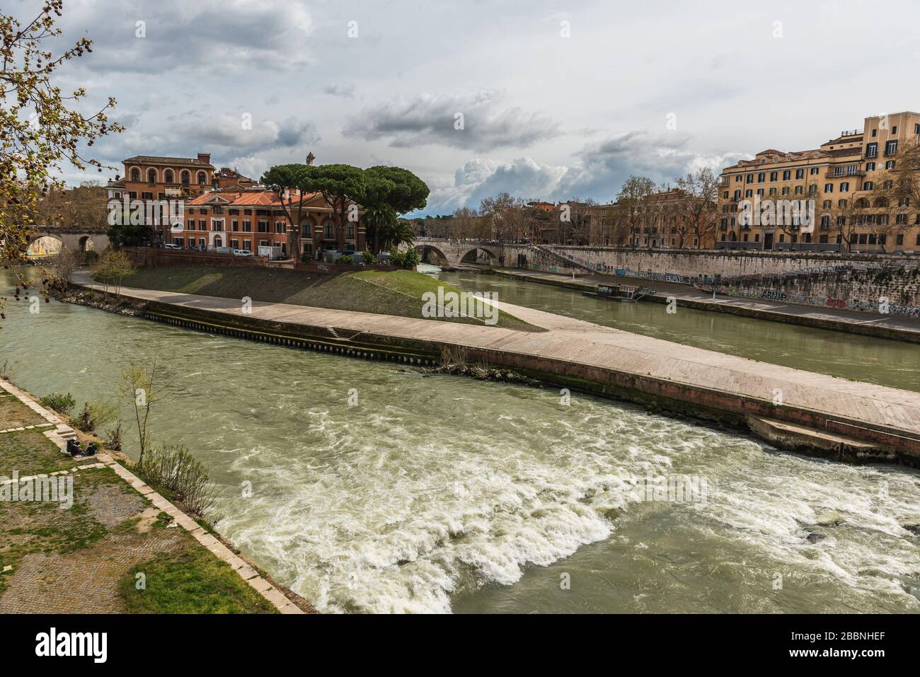 Isola Tiberina island, Ospedale Fatebenefratelli hospital, tower and Tevere river, Trastevere Isola Tiberina island, Ospedale Fatebenefratelli hospital, tower and Tevere river, Trastevere