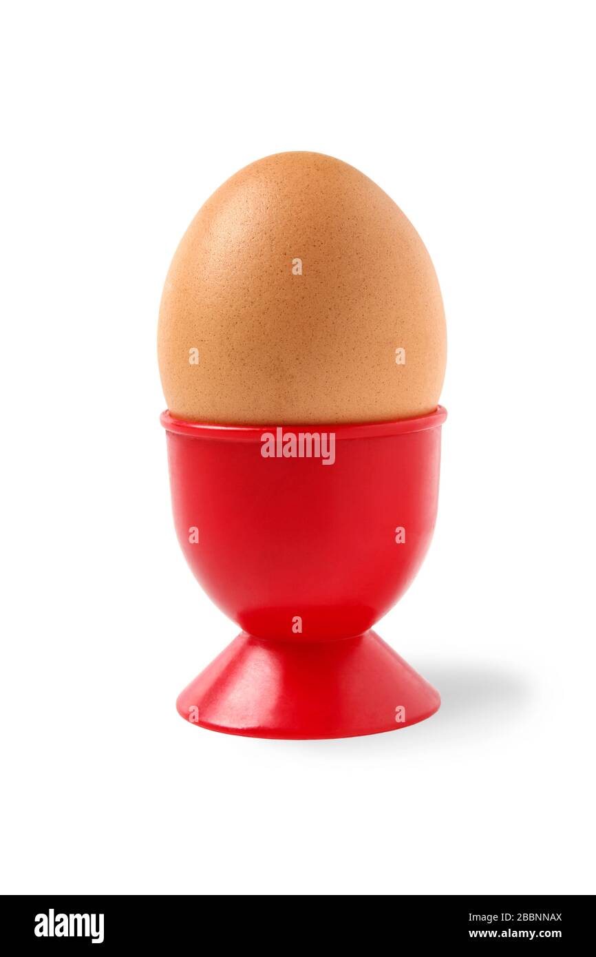 Chicken egg in a red plastic stand isolated on white Stock Photo