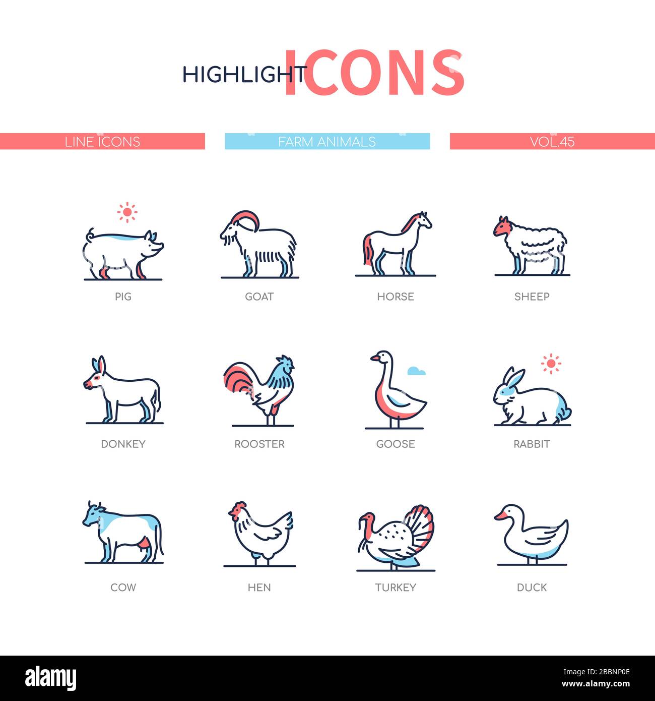 Farm animals collection - line design style icons set Stock Vector