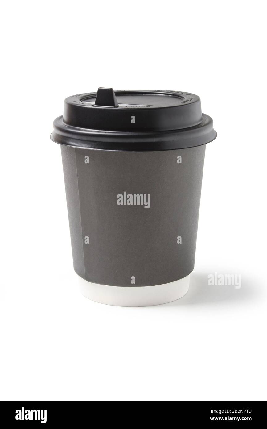 Black paper coffee cup with plastic lid isolated on white Stock Photo